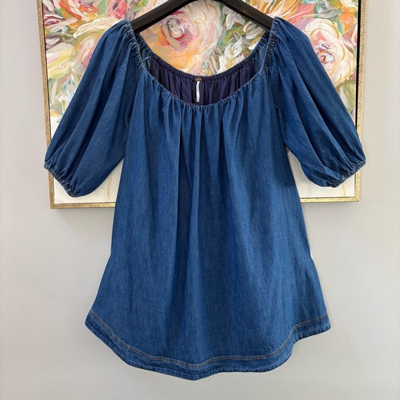 Free People Daydream Denim Tunic Off Shoulder Mini Dress Blue Size M - Picture 2 of 12